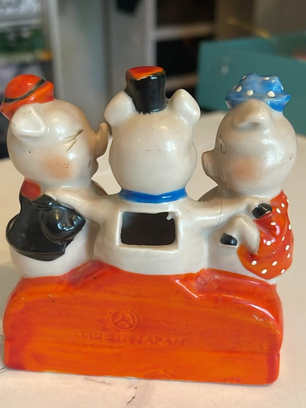 Vintage Ceramic Three Pigs Figurine in Blue, Orange and Black